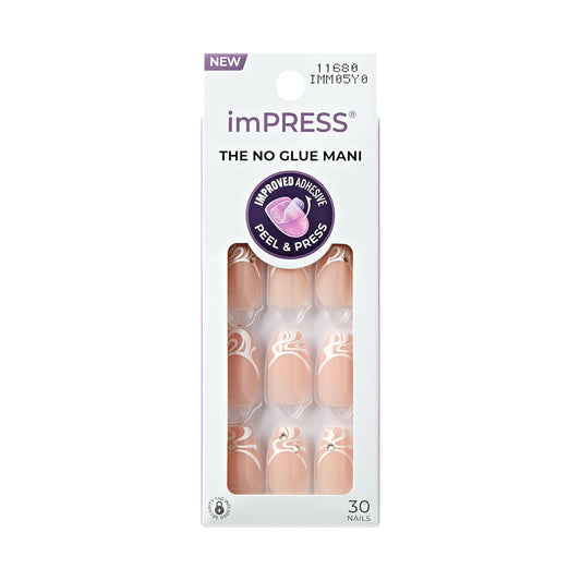 KISS imPRESS front packaging showing kit contents and glossy black nails benefit quick application