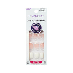 KISS Impress front packaging showing petite white squoval nails for quick mani