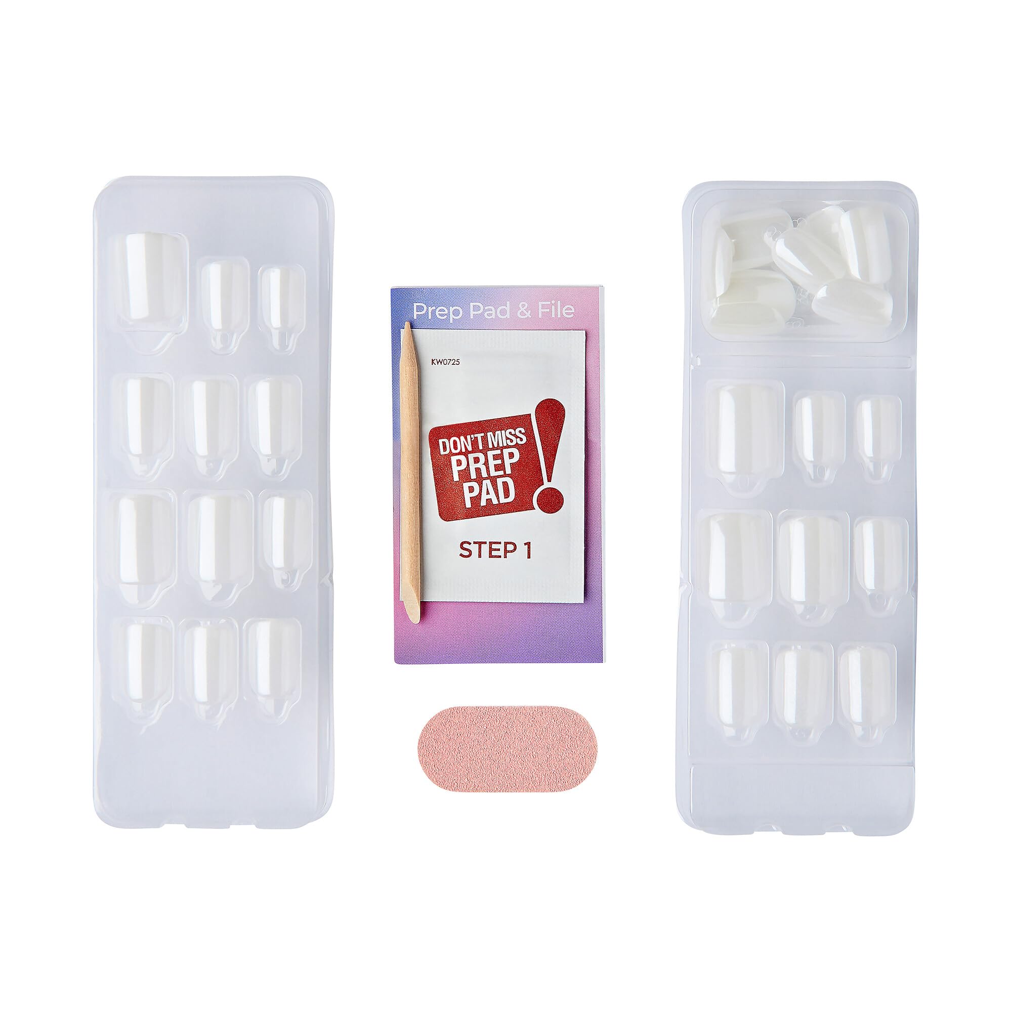 KISS kit contents fanned out with 30 nails and tools for complete quick manicure