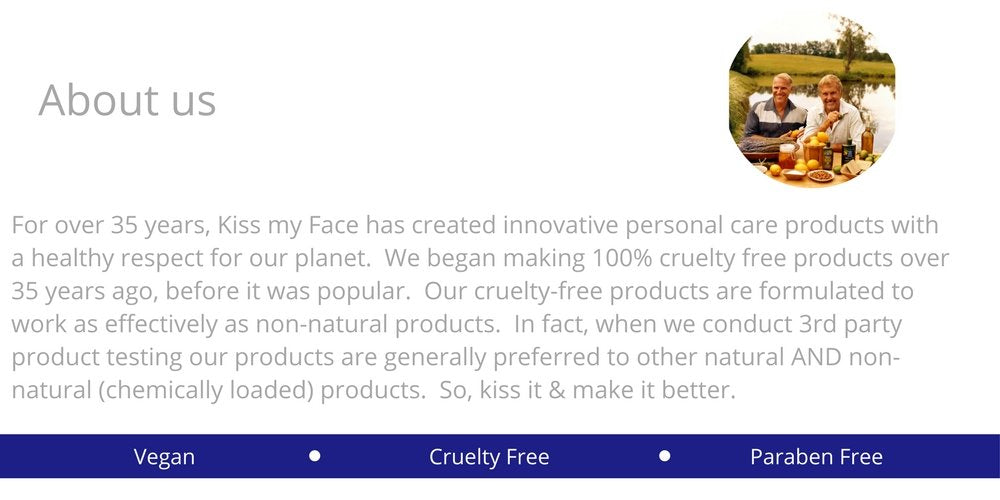 Kiss My Face three stacked bars emphasizing value pack and economical benefit