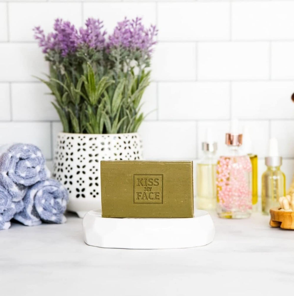 Kiss My Face soap in bathroom lifestyle setting showing everyday moisturizing use