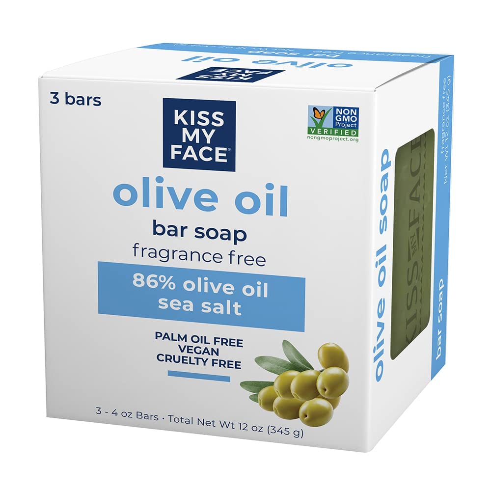 Kiss My Face soap texture close-up highlighting creamy olive oil lather