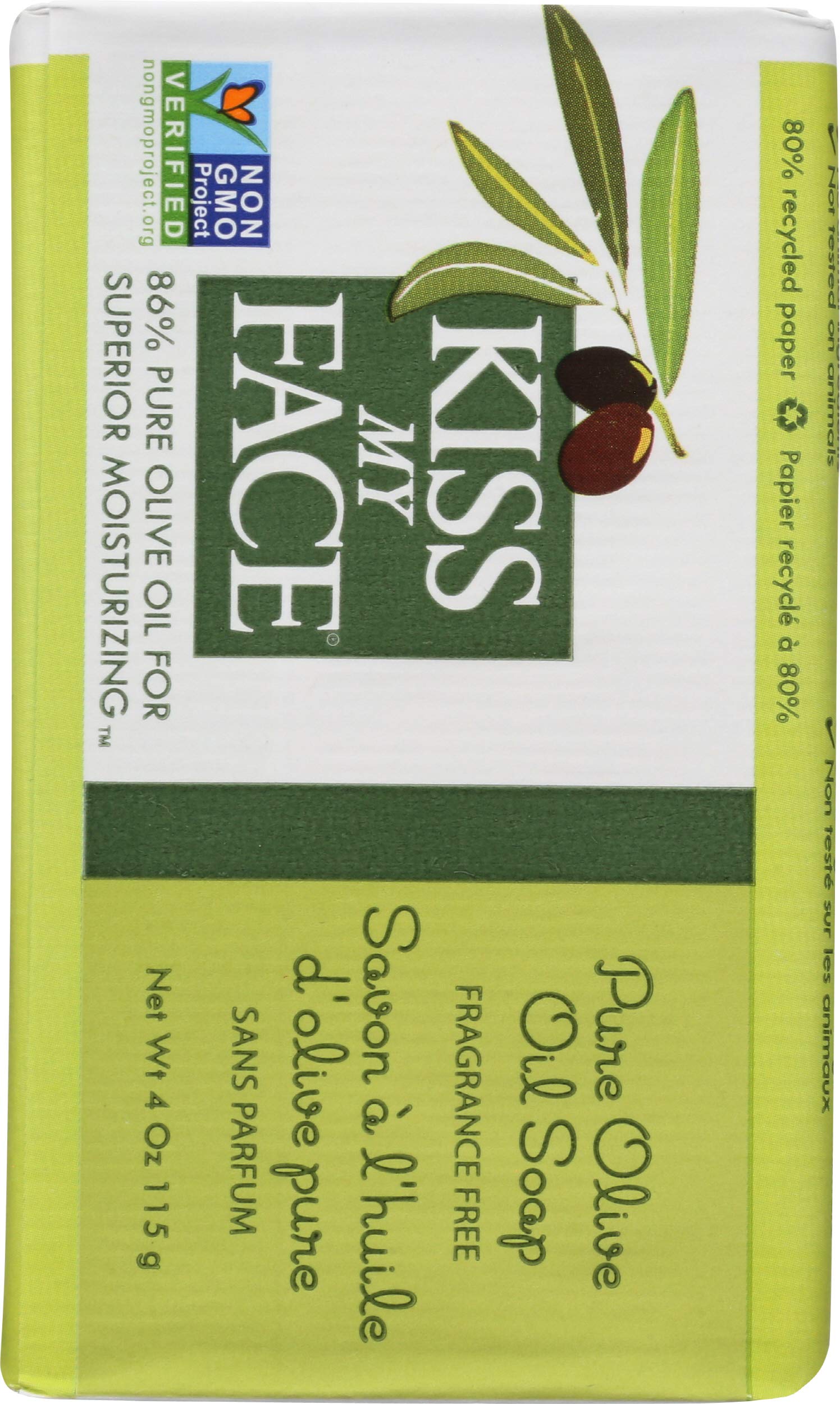 close-up texture of Kiss My Face olive soap highlighting creamy moisturizing surface