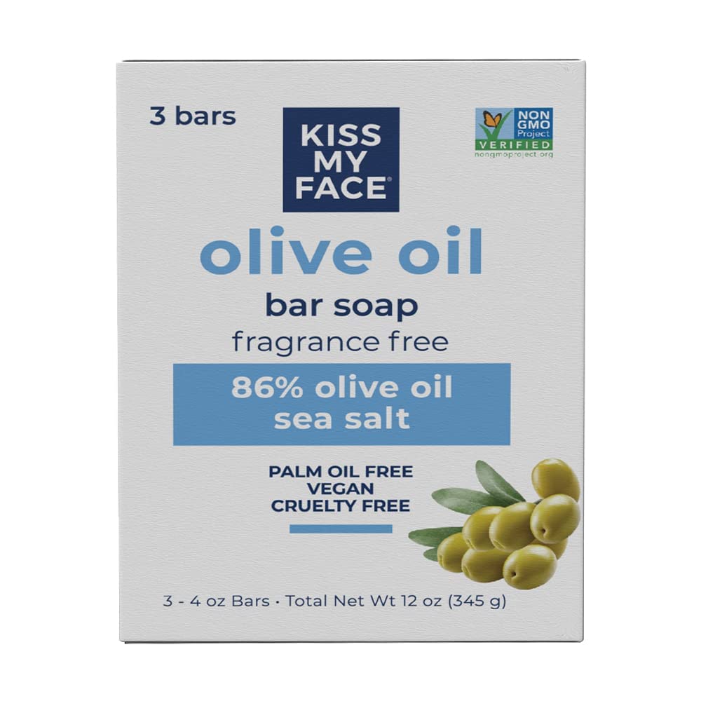 Kiss My Face front packaging showing three Pure Olvo bars and ease of use