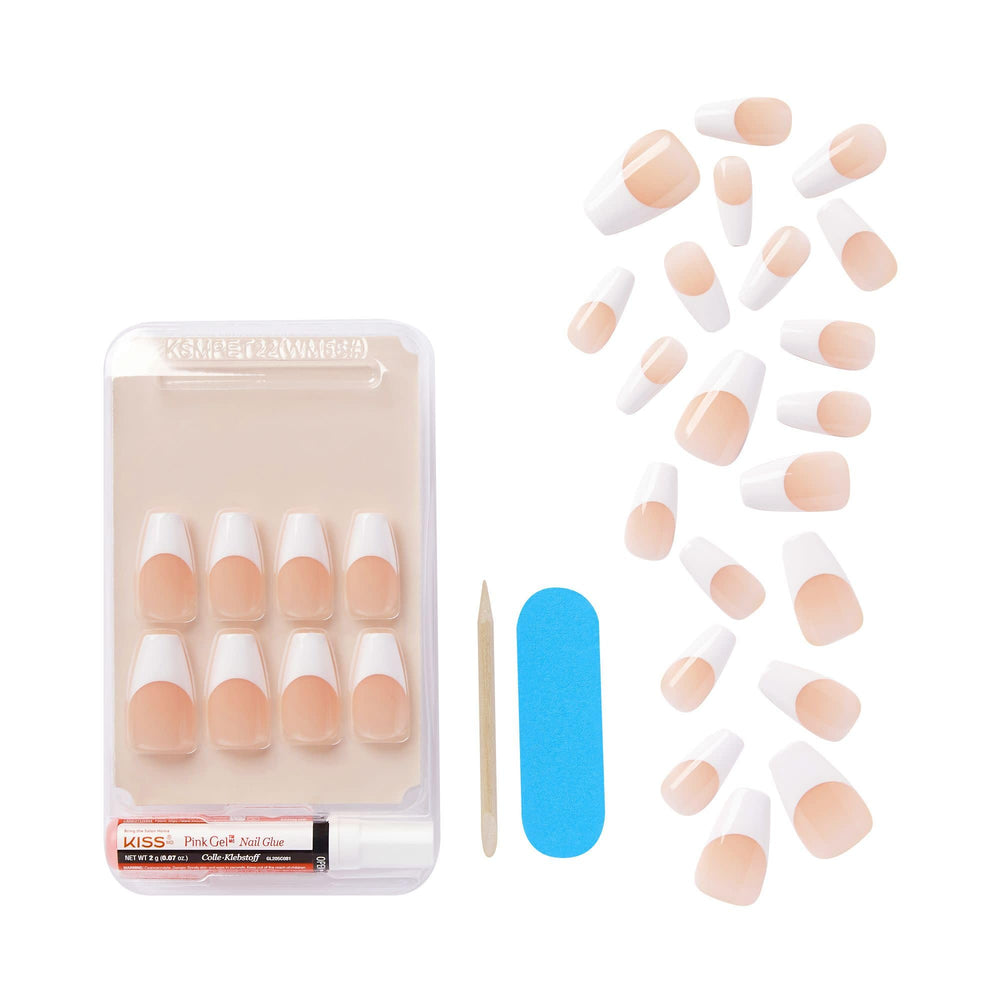KISS arranged kit contents including glue, file, and manicure stick for easy application