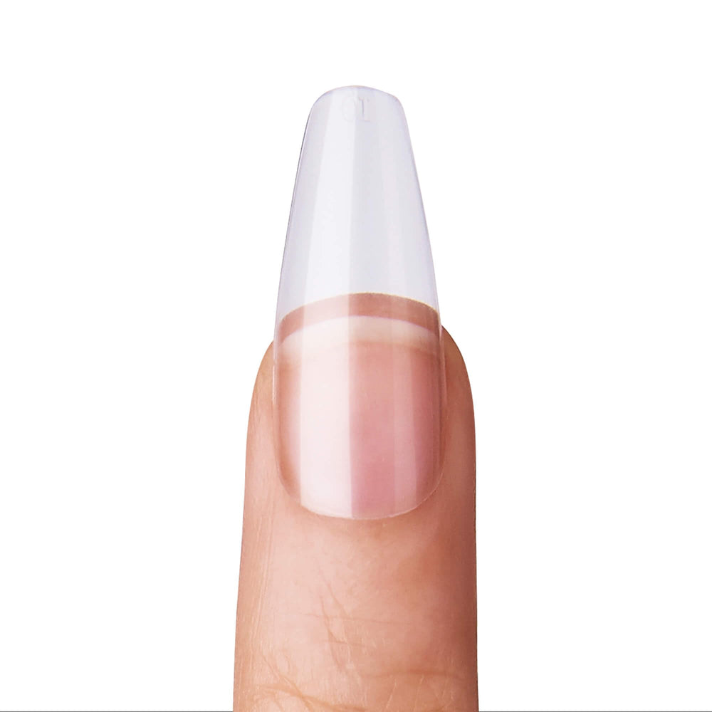 KISS on hand demonstrating long clear tips for an instant polished look benefit