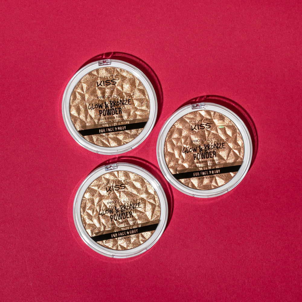 KISS New York bronzer on model in evening outfit, adds luminous body sheen