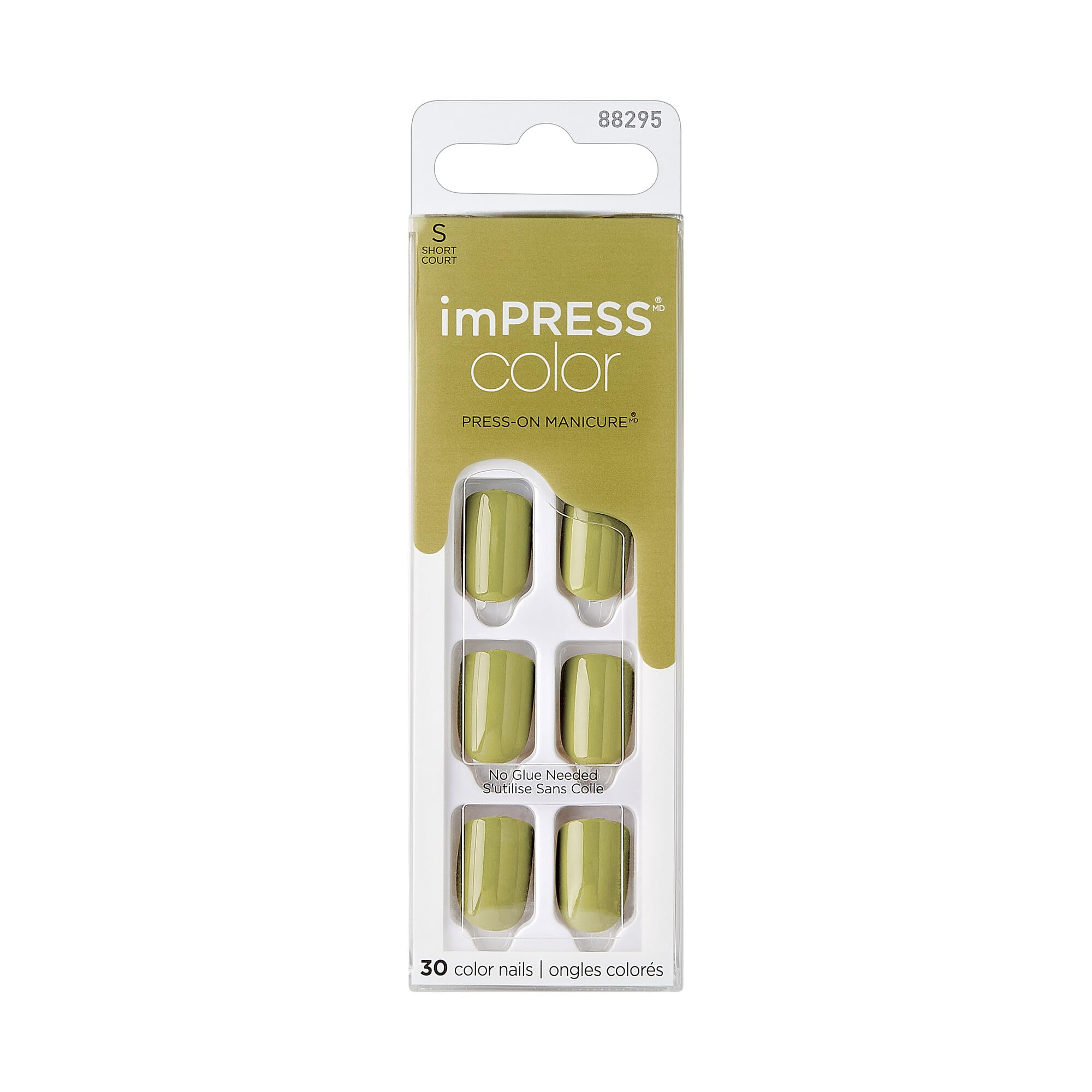 KISS front packaging showing olive green press-on nails and included kit for quick application