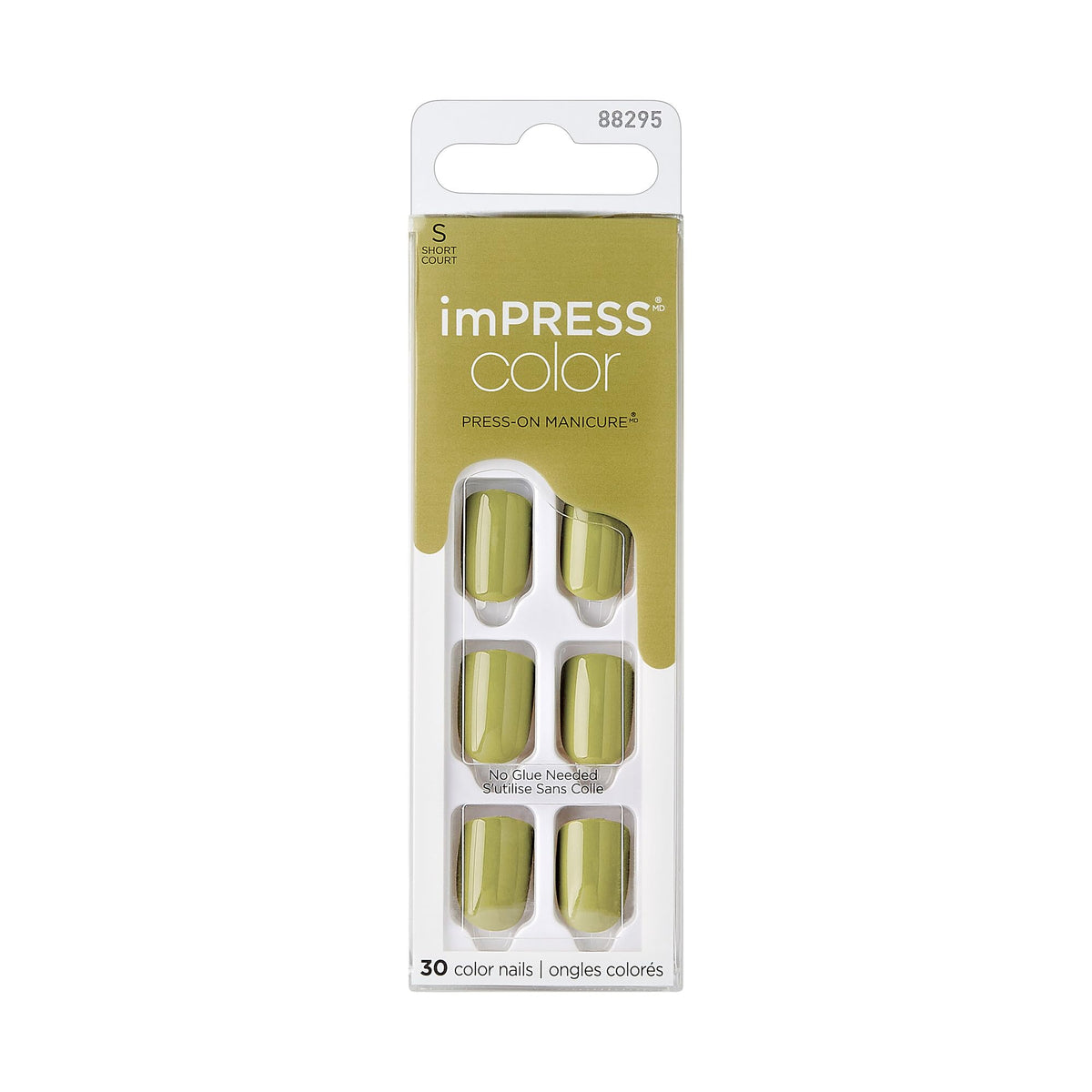 KISS front packaging showing olive green press-on nails and included kit for quick application