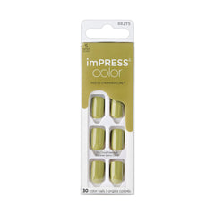 KISS front packaging showing olive green press-on nails and included kit for quick application
