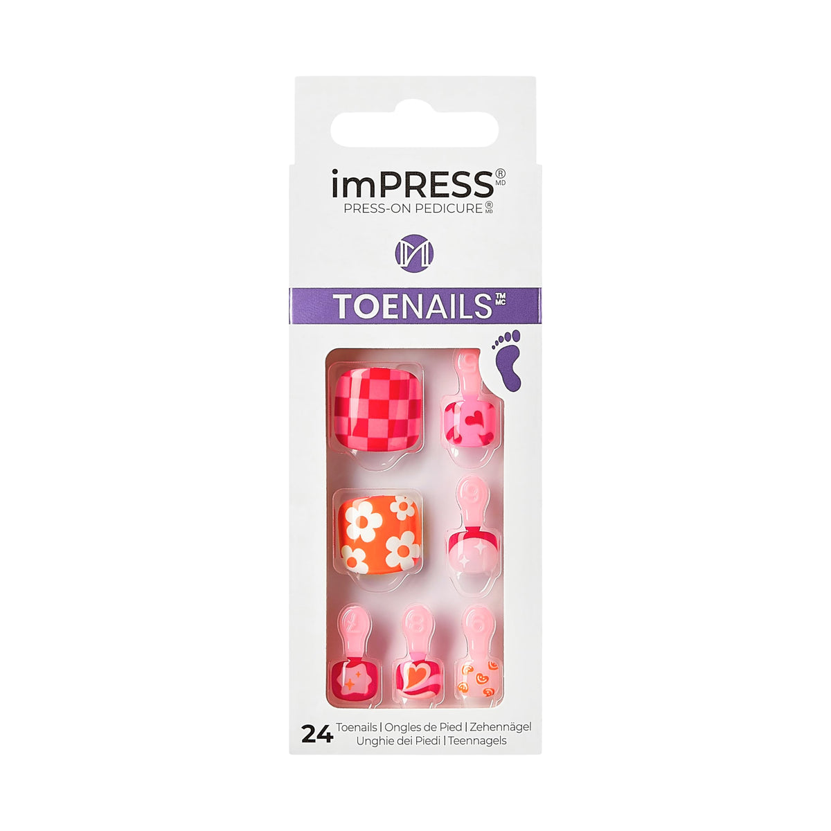 KISS front packaging showing colorful retro toenail design and kit contents benefit quick pedicure