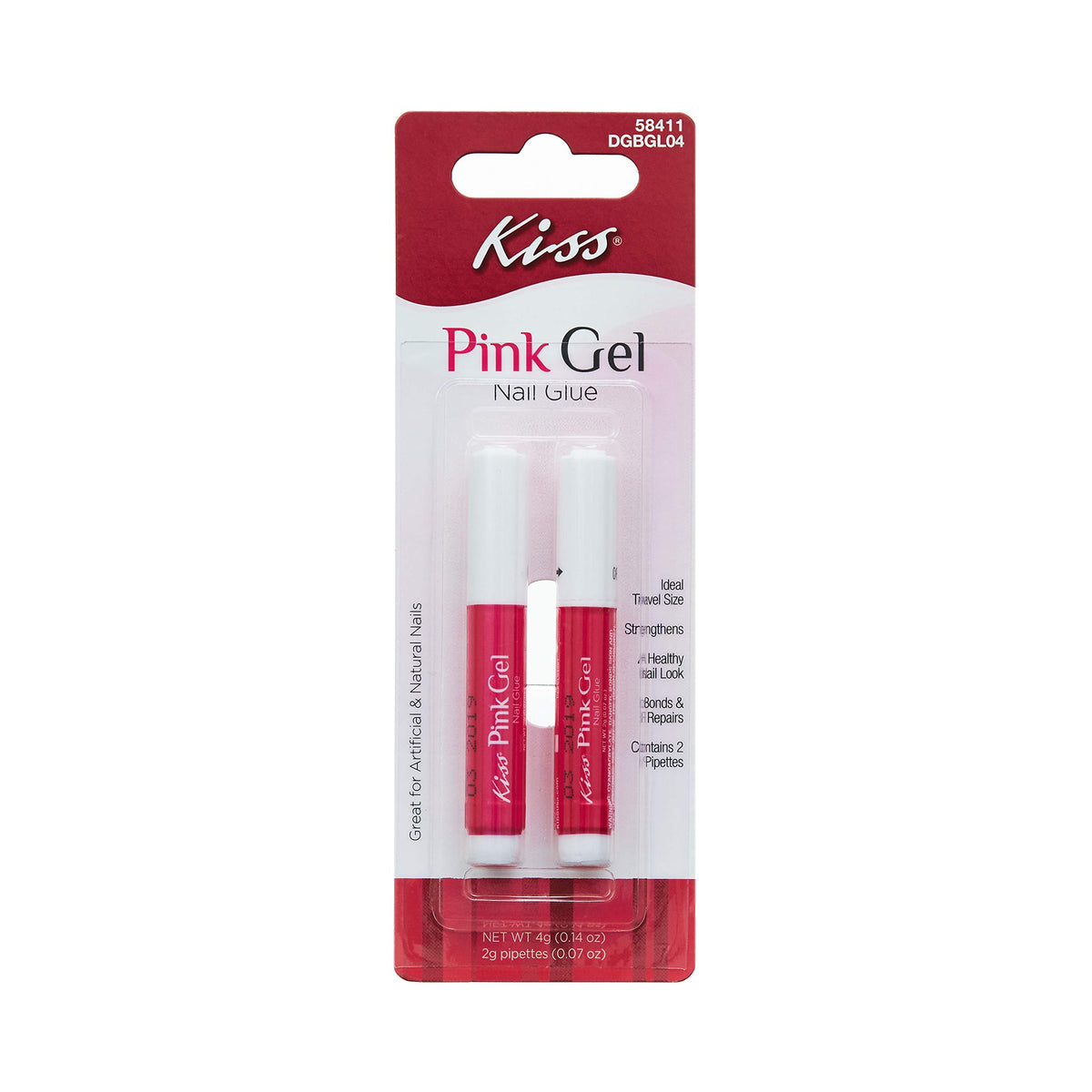 KISS pink gel nail glue front packaging showing brand and product benefit