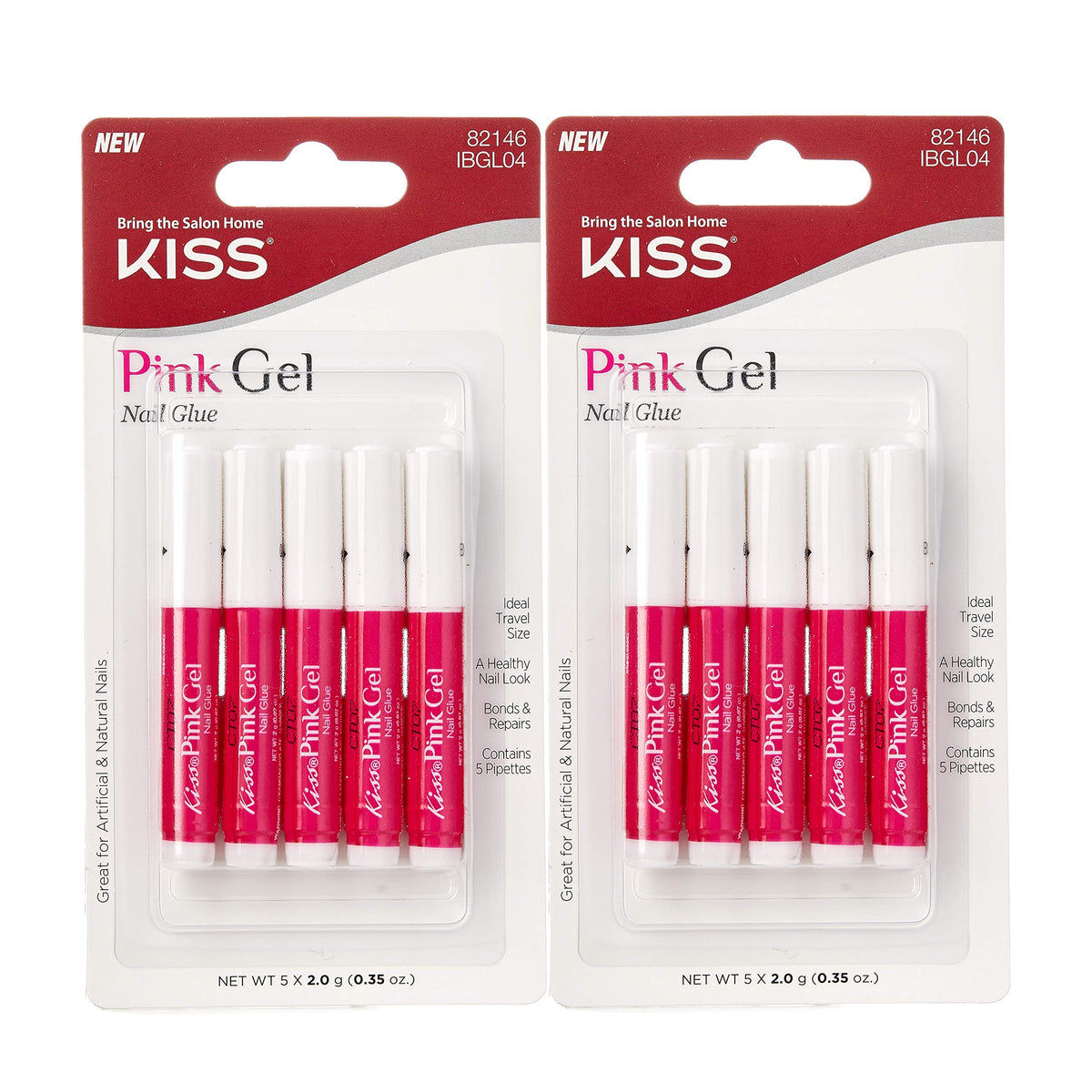 KISS pink gel nail glue front packaging showing compact two-pack and benefits