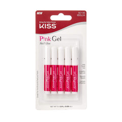 KISS pink gel nail glue front packaging showing product and benefit of clear finish