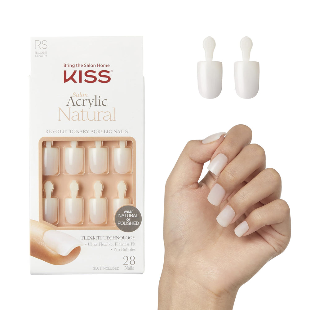 KISS front packaging showing 'Rare' nude short squoval set and contents for quick salon look