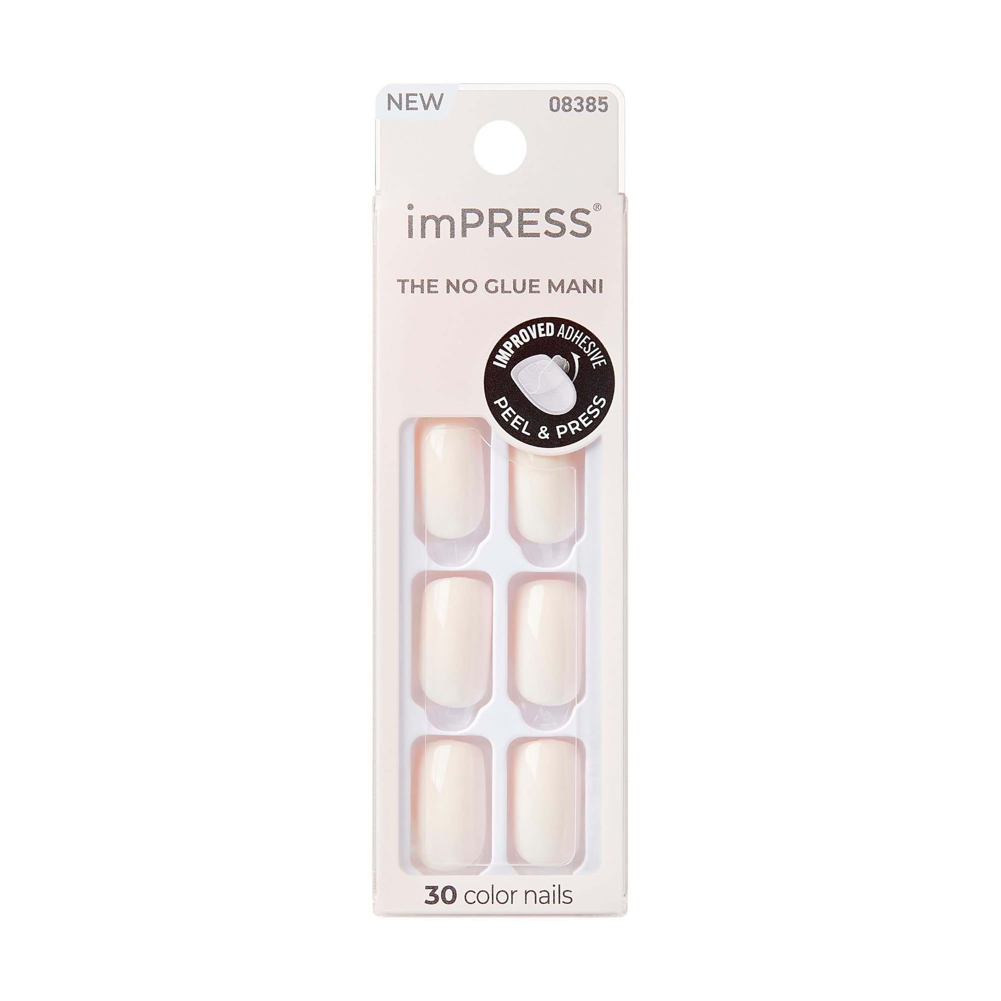 KISS pure white front packaging showing 30-piece press-on kit and branding for quick application