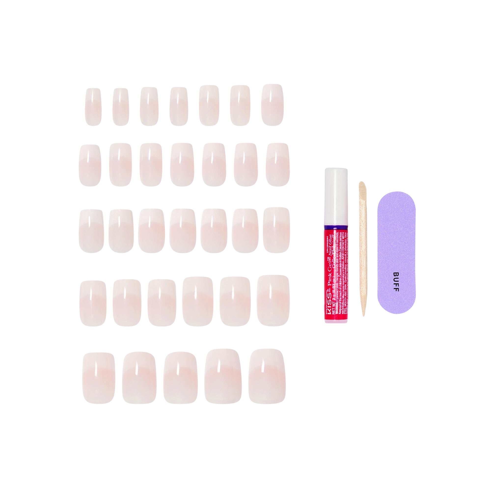 KISS 2g nail glue with manicure stick and mini file demonstrating ready-to-use kit
