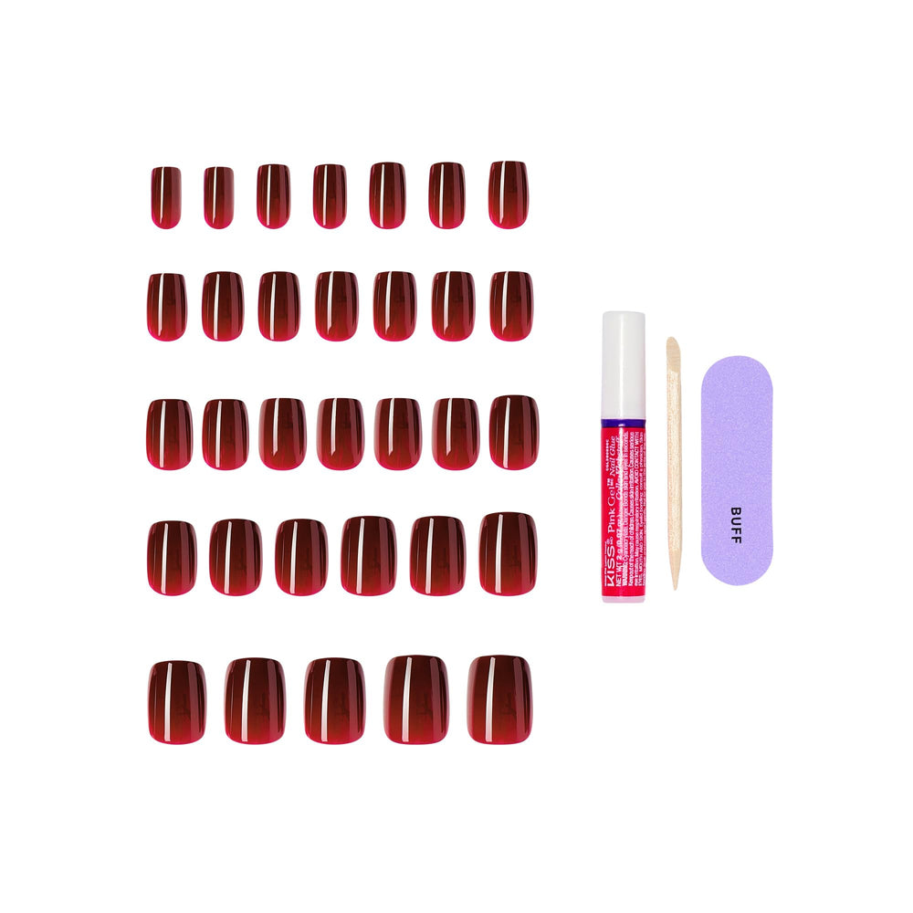 KISS 2g glue with manicure stick and mini file displayed to show ready-to-use kit benefit