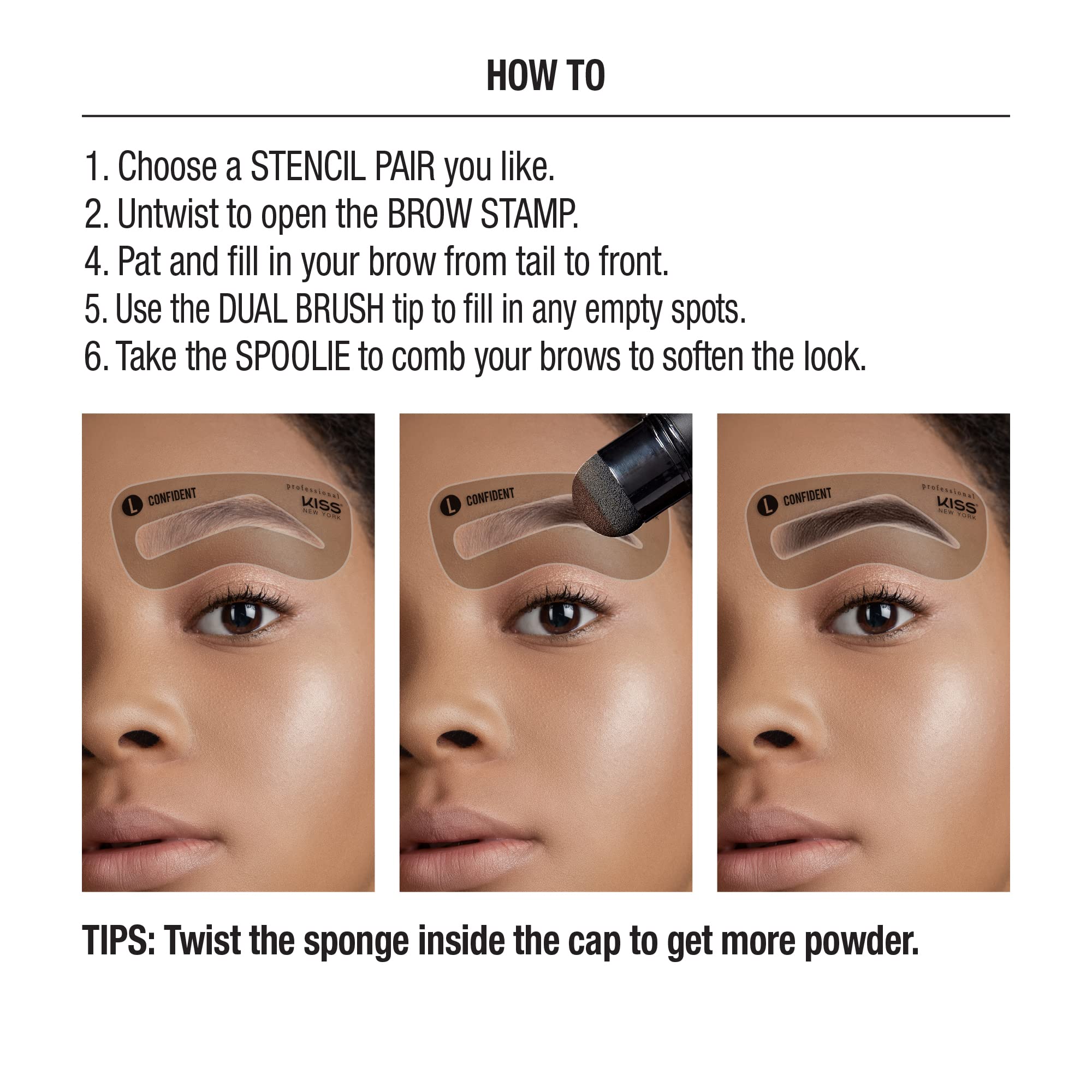 Kiss stamp in use on model delivering fast, symmetrical brows for time-saving makeup