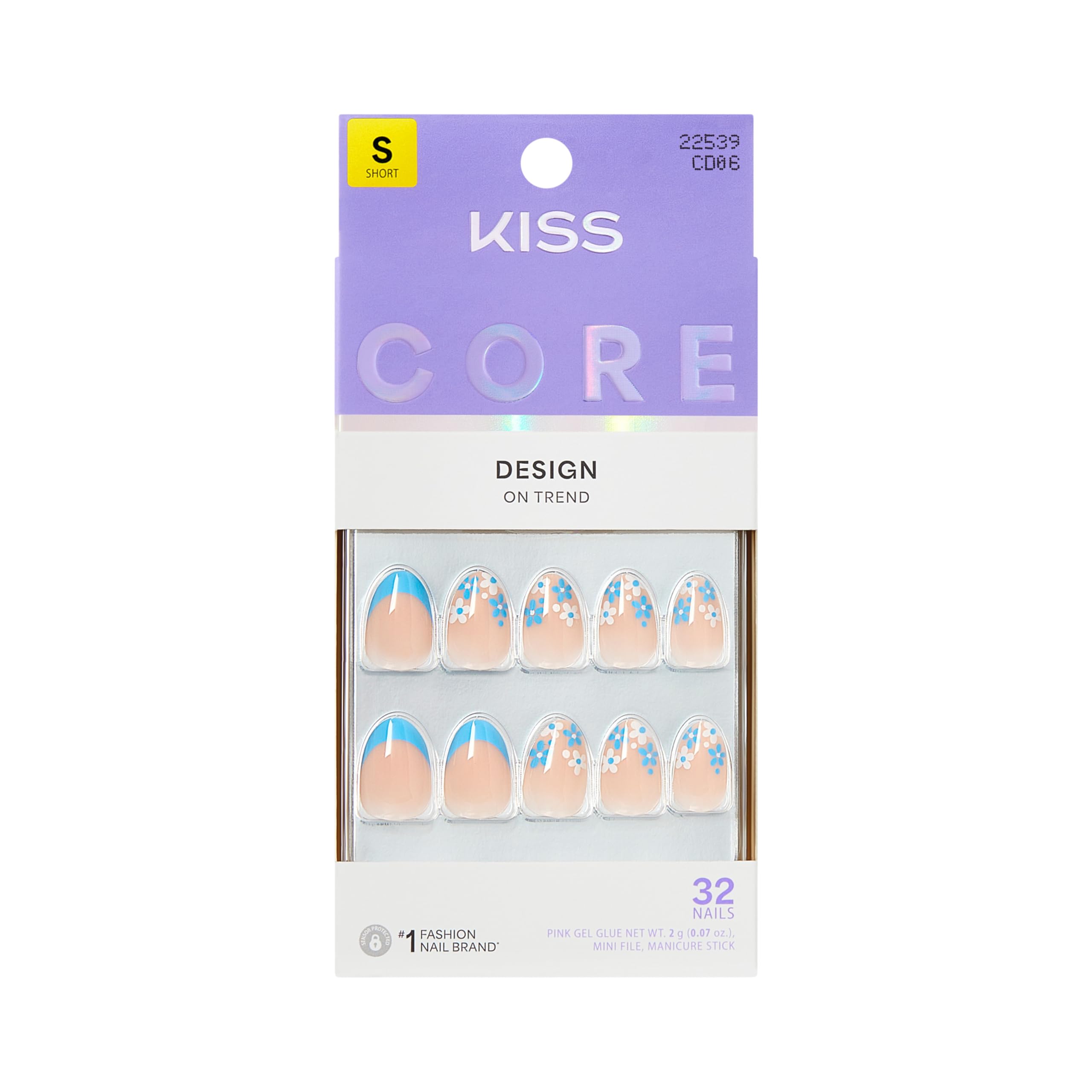 KISS "Tune" front packaging showing blue almond press-on nails and contents for easy styling
