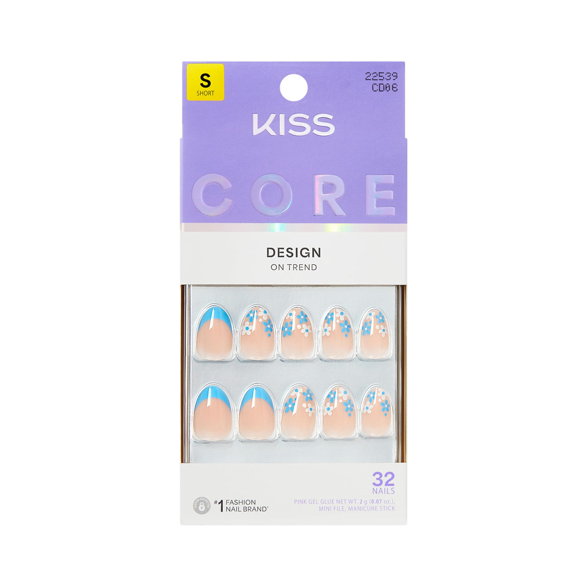 KISS "Tune" front packaging showing blue almond press-on nails and contents for easy styling