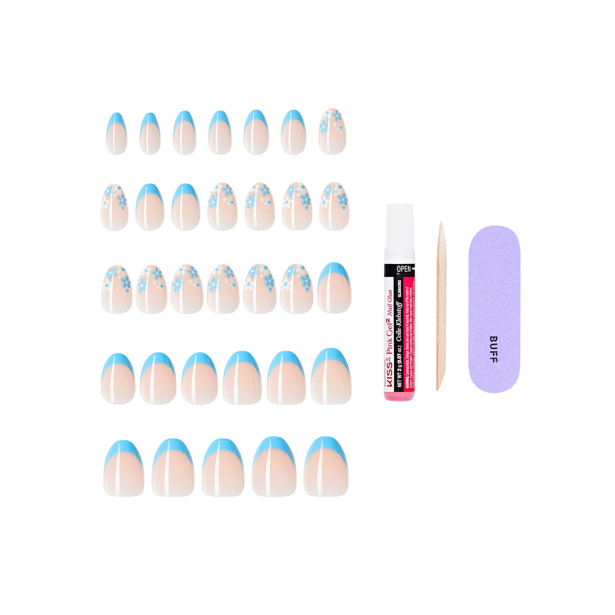 KISS "Tune" glue tube with manicure stick and mini file illustrating secure application tools