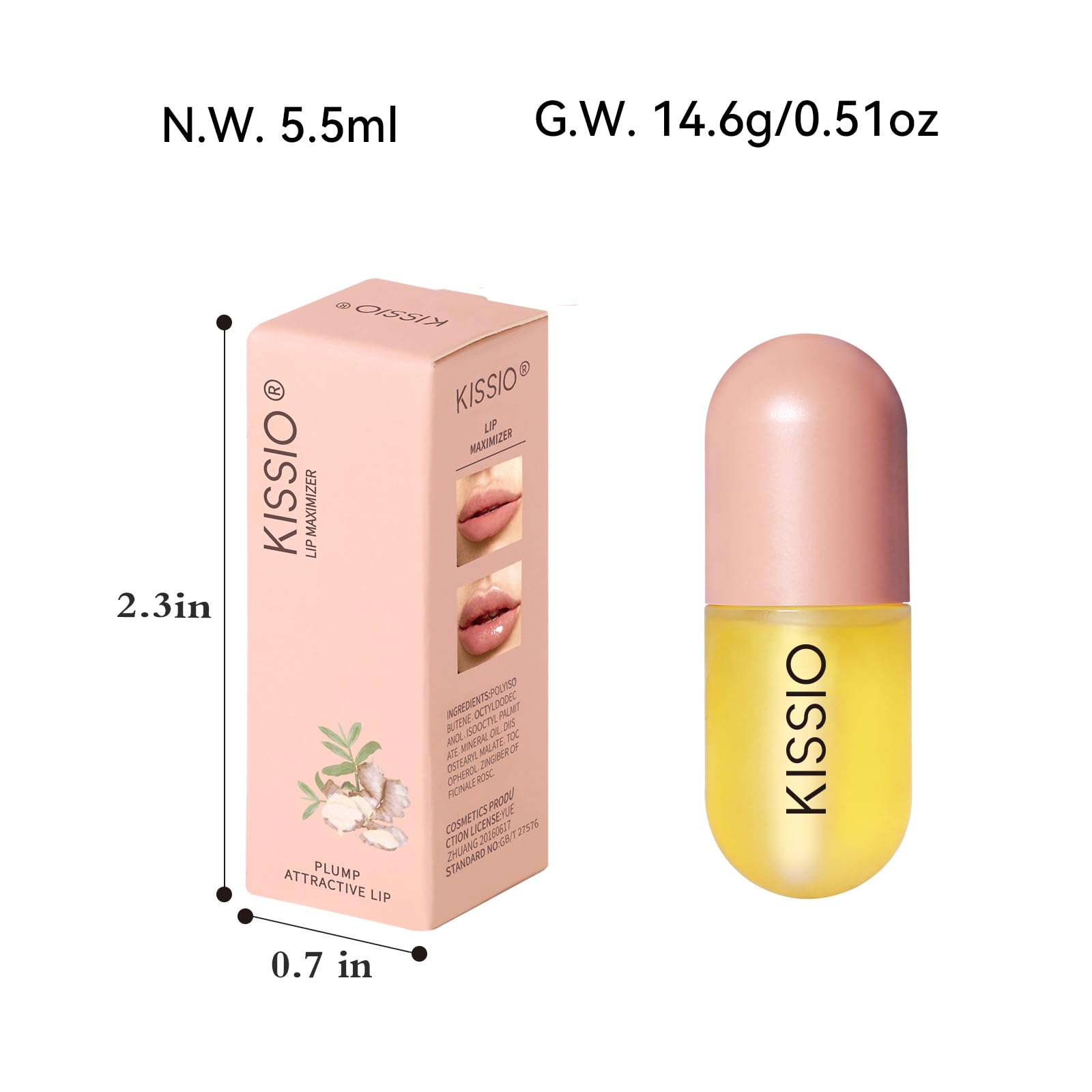 KISSIO ingredients label close-up noting ginger oil and moisturizing components benefit