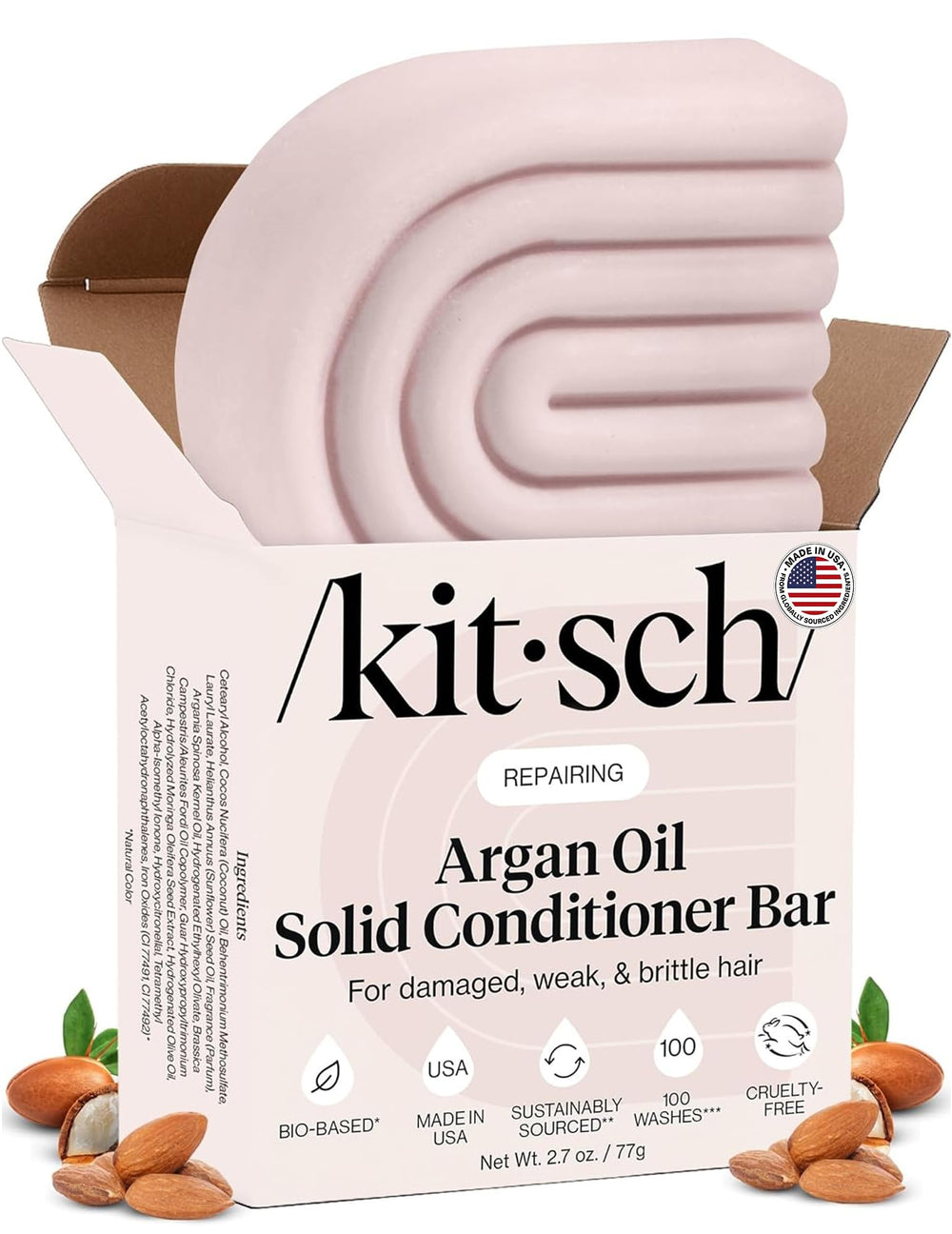 Kitsch conditioner bar front view shows compact, travel-friendly packaging and benefits
