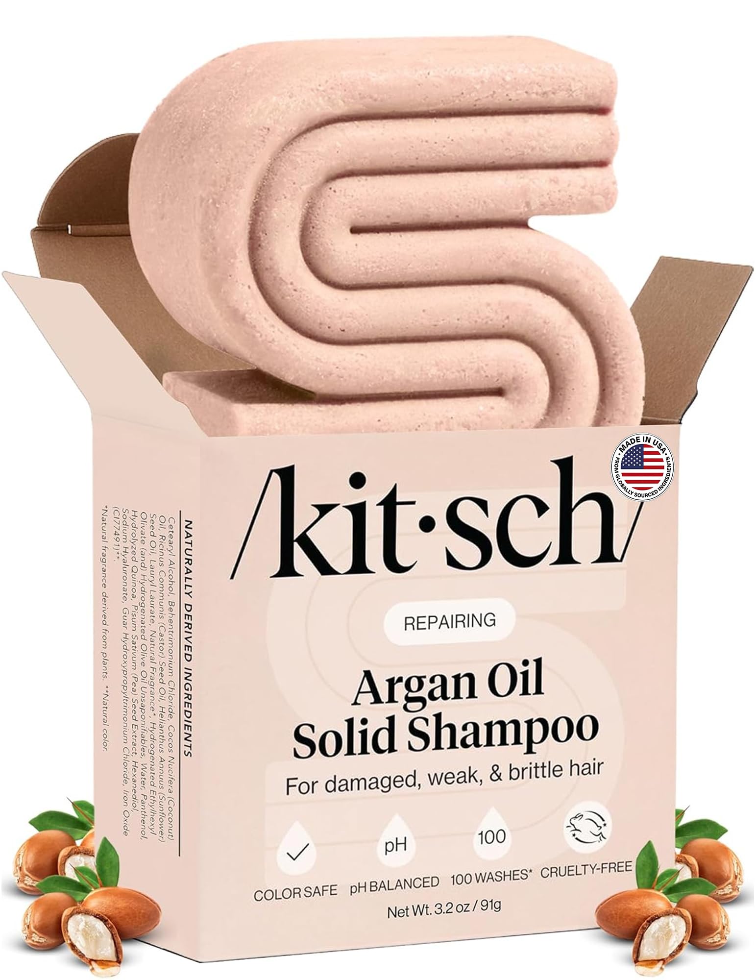 kitsch argan oil shampoo bar front packaging shows compact travel-ready benefits