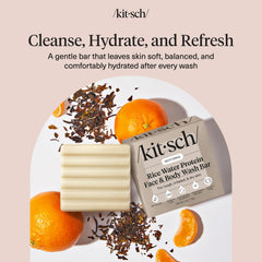 Kitsch soap bar held in hand to show compact 4 oz travel-friendly size