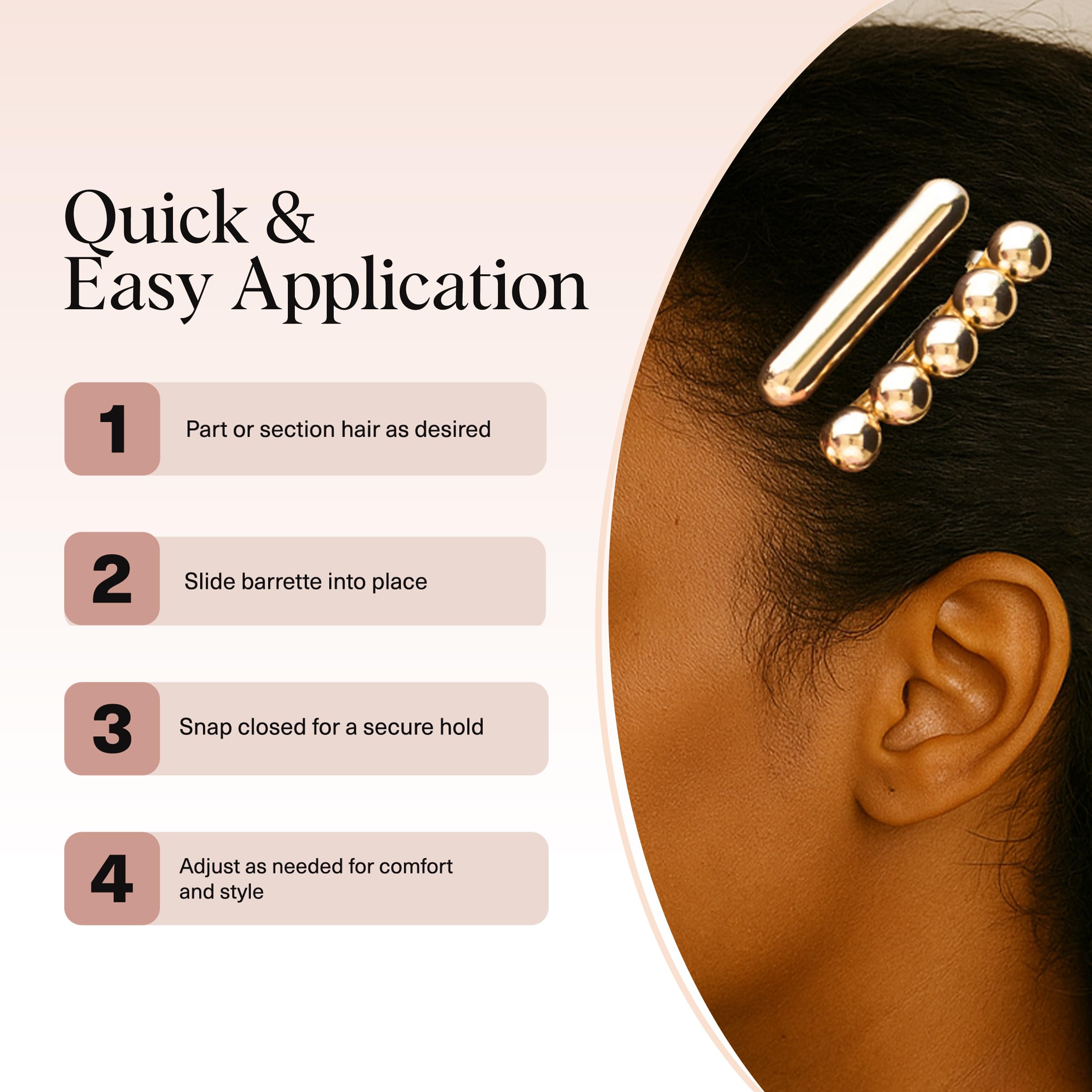 Kitsch barrettes reflecting light shows smooth texture and long-lasting sheen