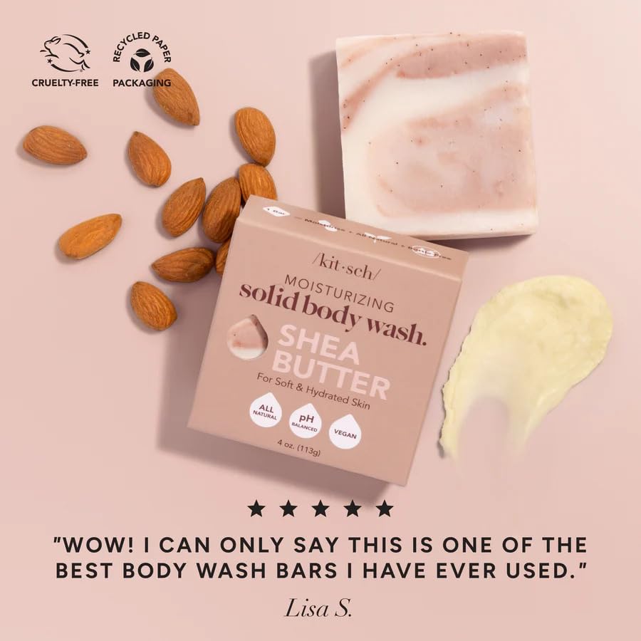 Kitsch bar displayed on bathroom shelf conveying tidy, sustainable beauty routine