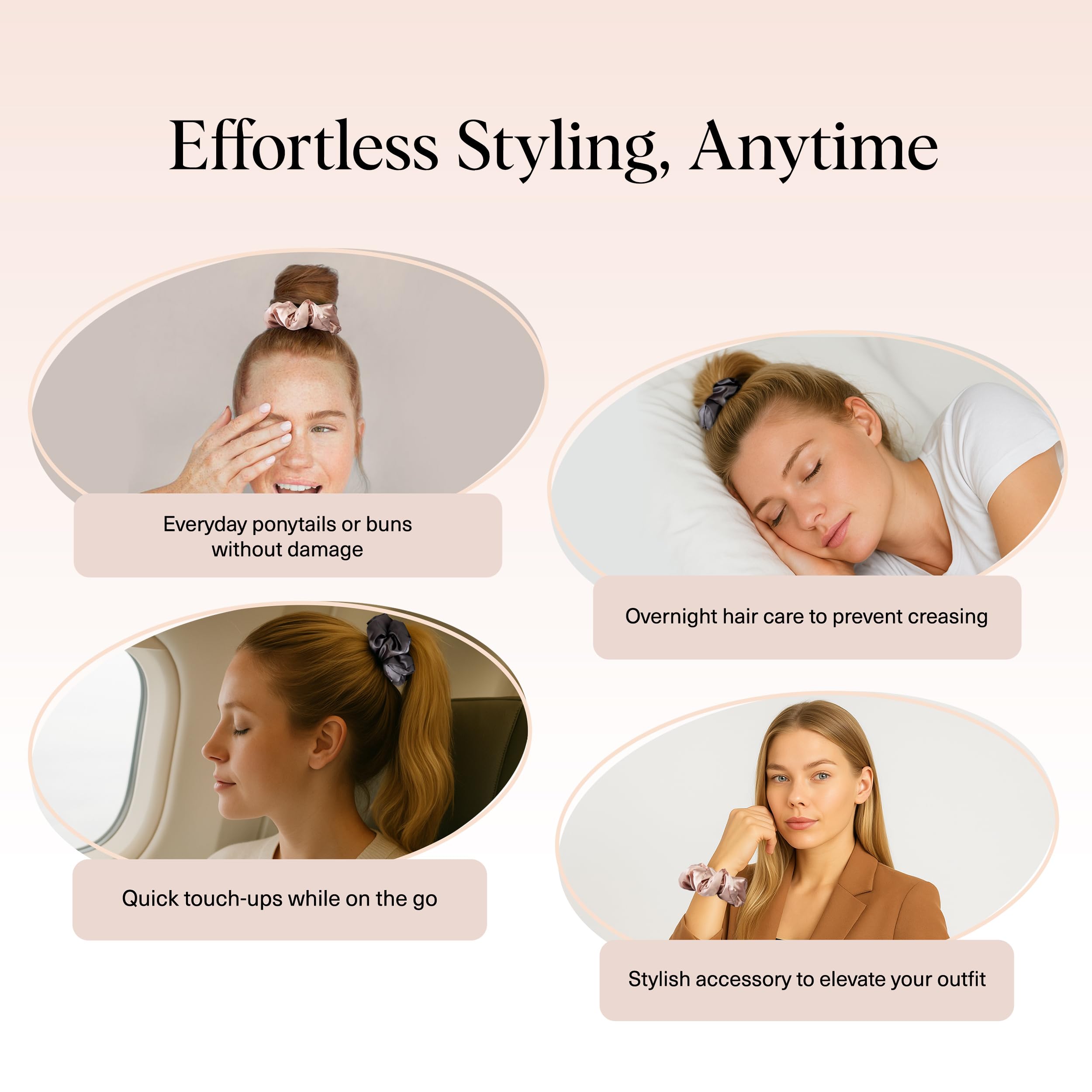 Kitsch charcoal scrunchie securing a bun to minimize breakage and frizz
