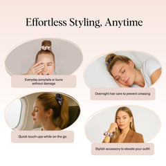 Kitsch charcoal scrunchie securing a bun to minimize breakage and frizz