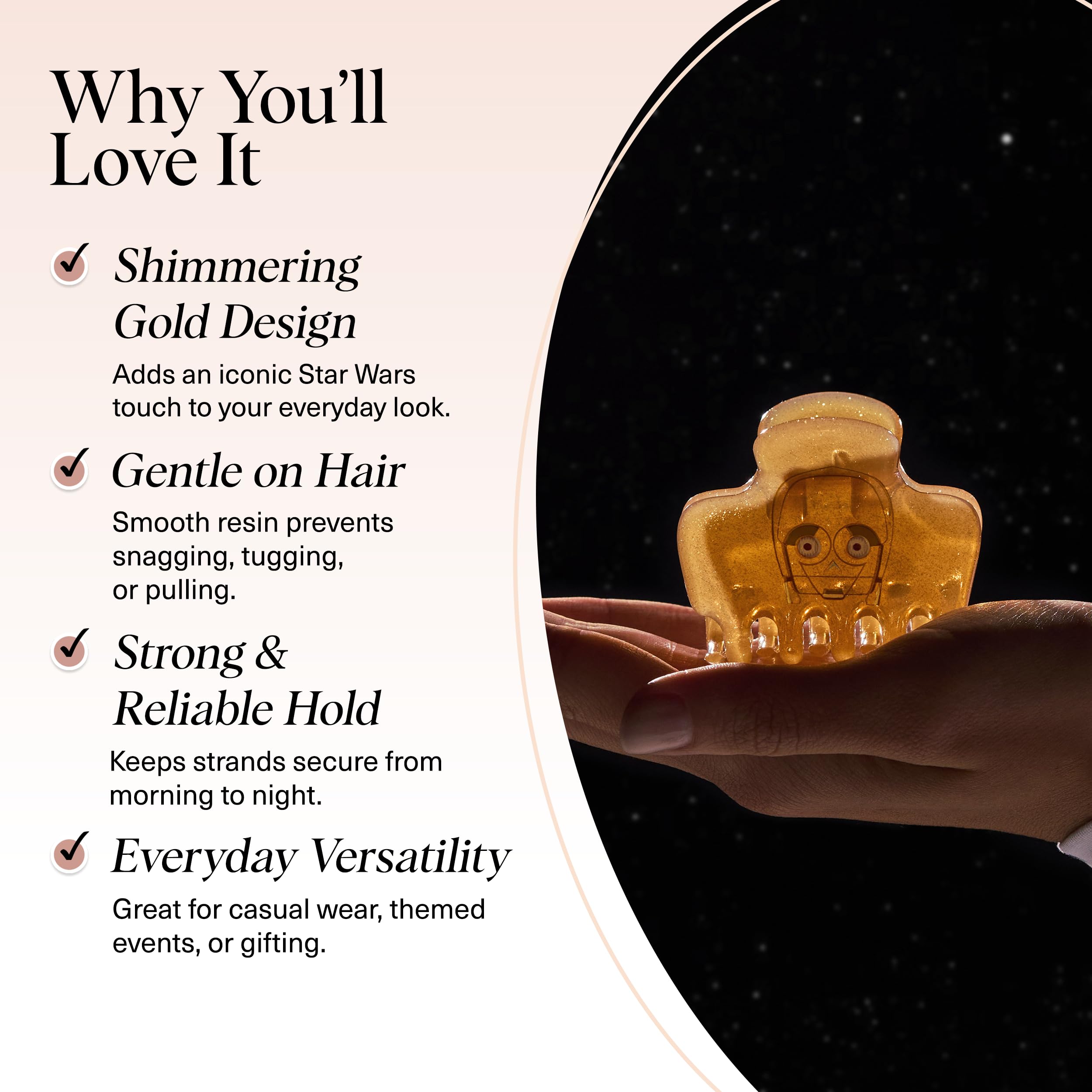 Kitsch C-3PO clip securing half-up hairstyle offering secure, stylish hold
