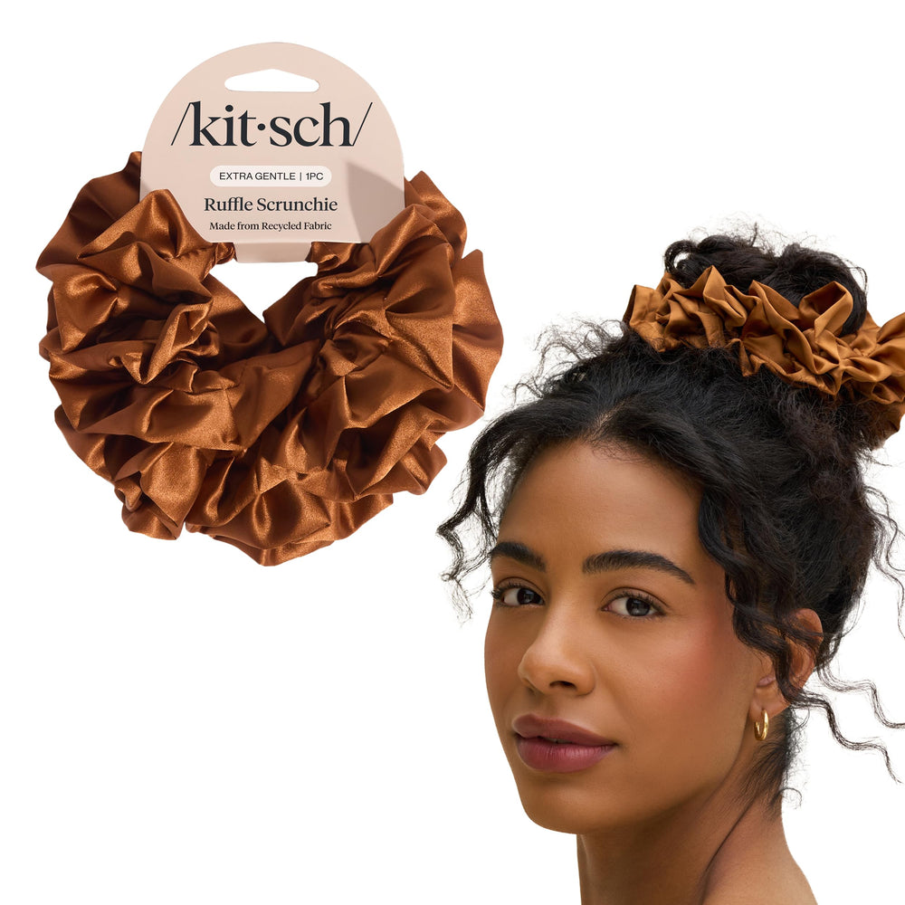 Kitsch camel scrunchie front view showing ruffled satin and color advantage
