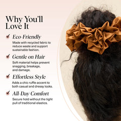 Kitsch camel scrunchie in a high ponytail demonstrating secure, damage-free wear