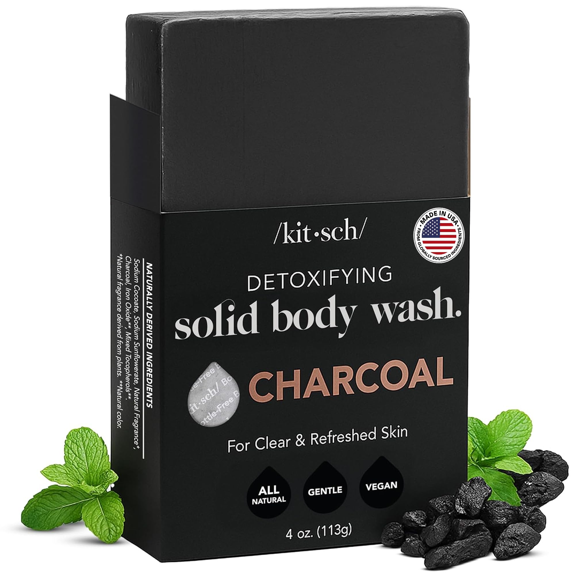 Kitsch charcoal soap front view showing clean packaging and black bar benefit cleansing