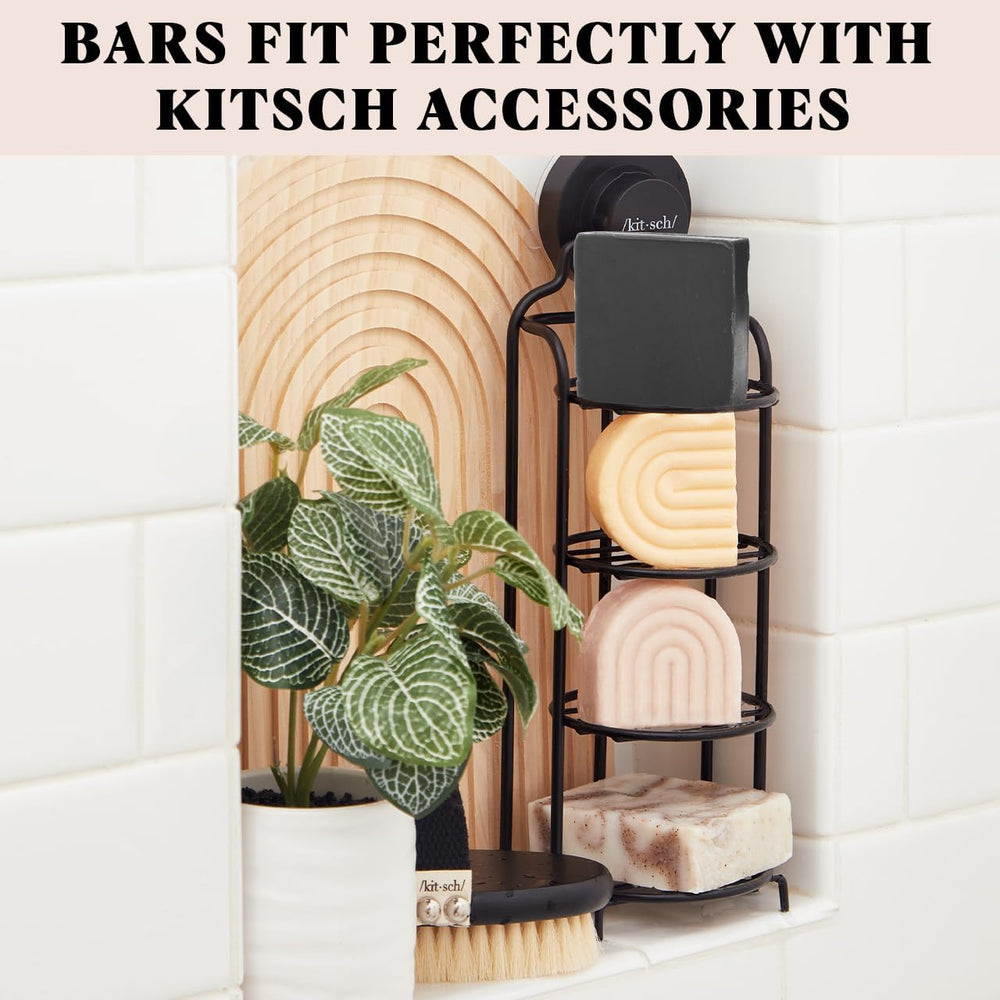 Kitsch charcoal soap in shower setting on shelf conveying daily use ease and freshness benefit