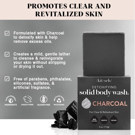 Kitsch charcoal soap side profile highlighting smooth edges and long-lasting use benefit