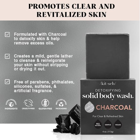 Kitsch charcoal soap side profile highlighting smooth edges and long-lasting use benefit