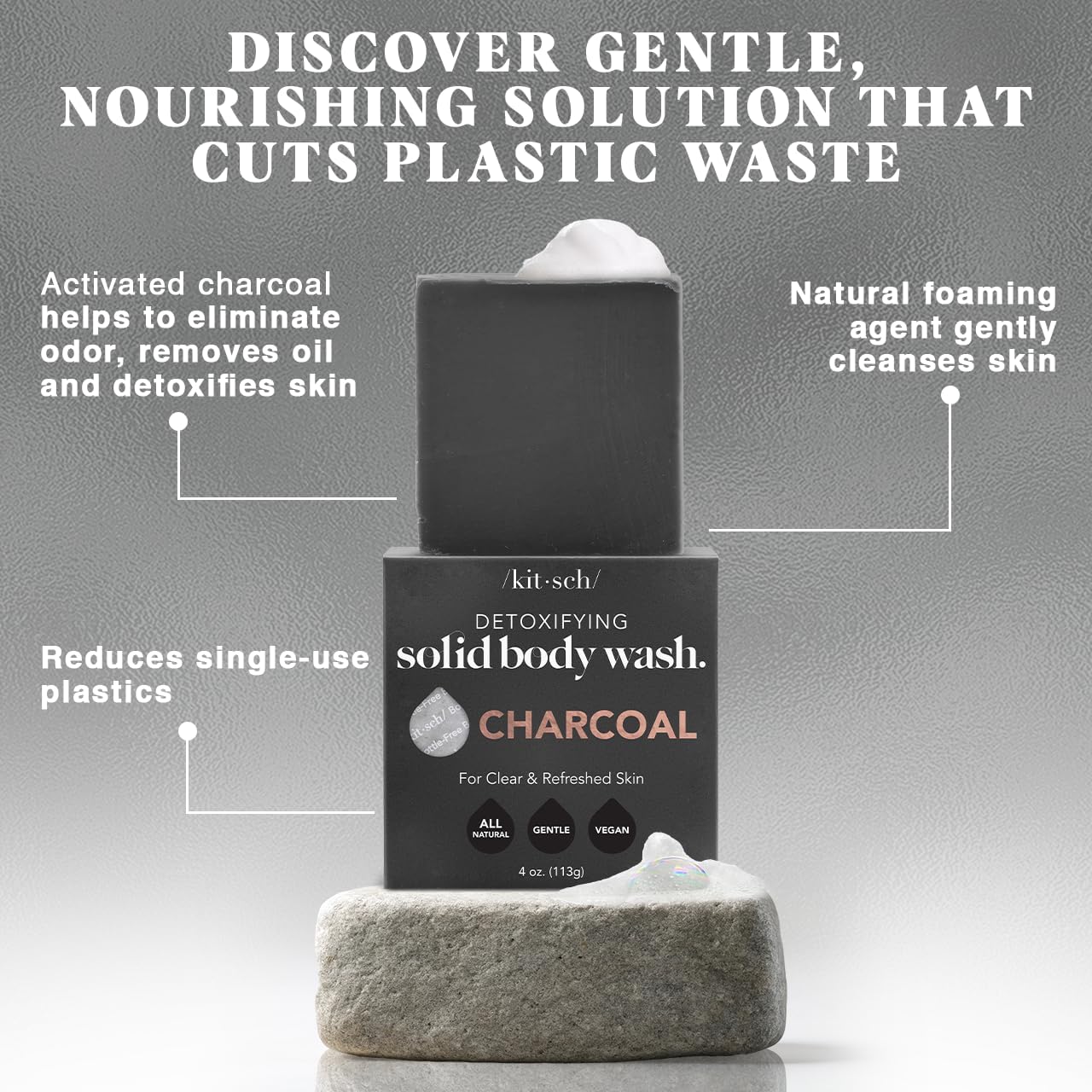 Kitsch charcoal soap texture closeup showing activated charcoal granules for deep-clean benefit