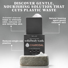 Kitsch charcoal soap texture closeup showing activated charcoal granules for deep-clean benefit