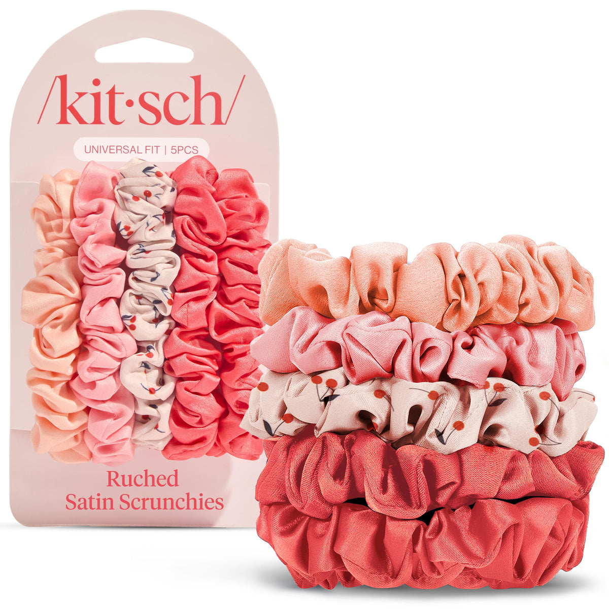 Kitsch cherry blossom front packaging showing five scrunchies and branding for easy selection