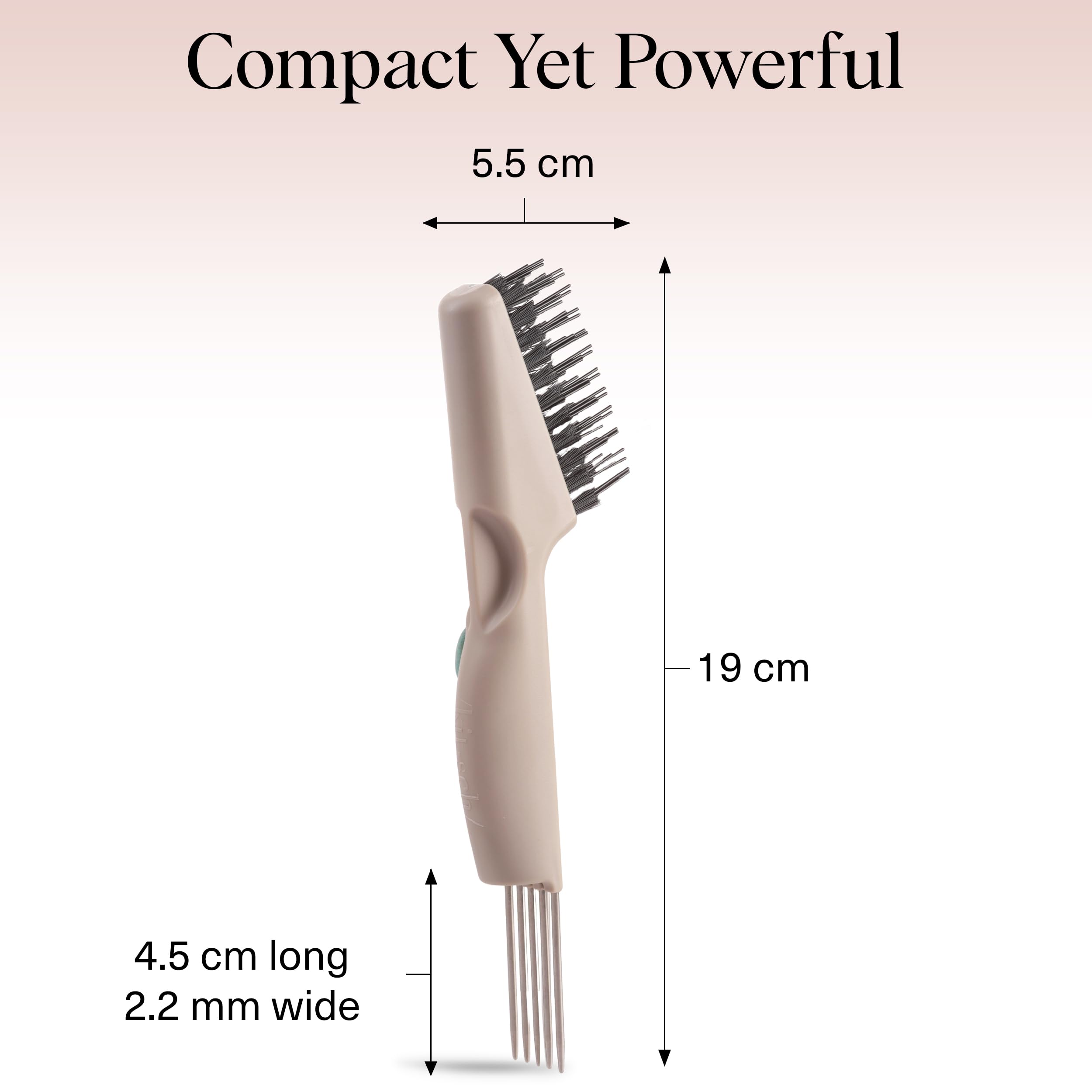 Kitsch cleaner in use on a round brush removing trapped hair for restored brush function