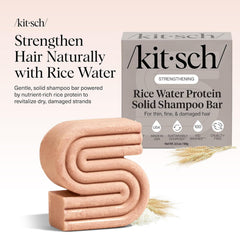 Kitsch close-up of shampoo bar texture highlighting rice protein benefits