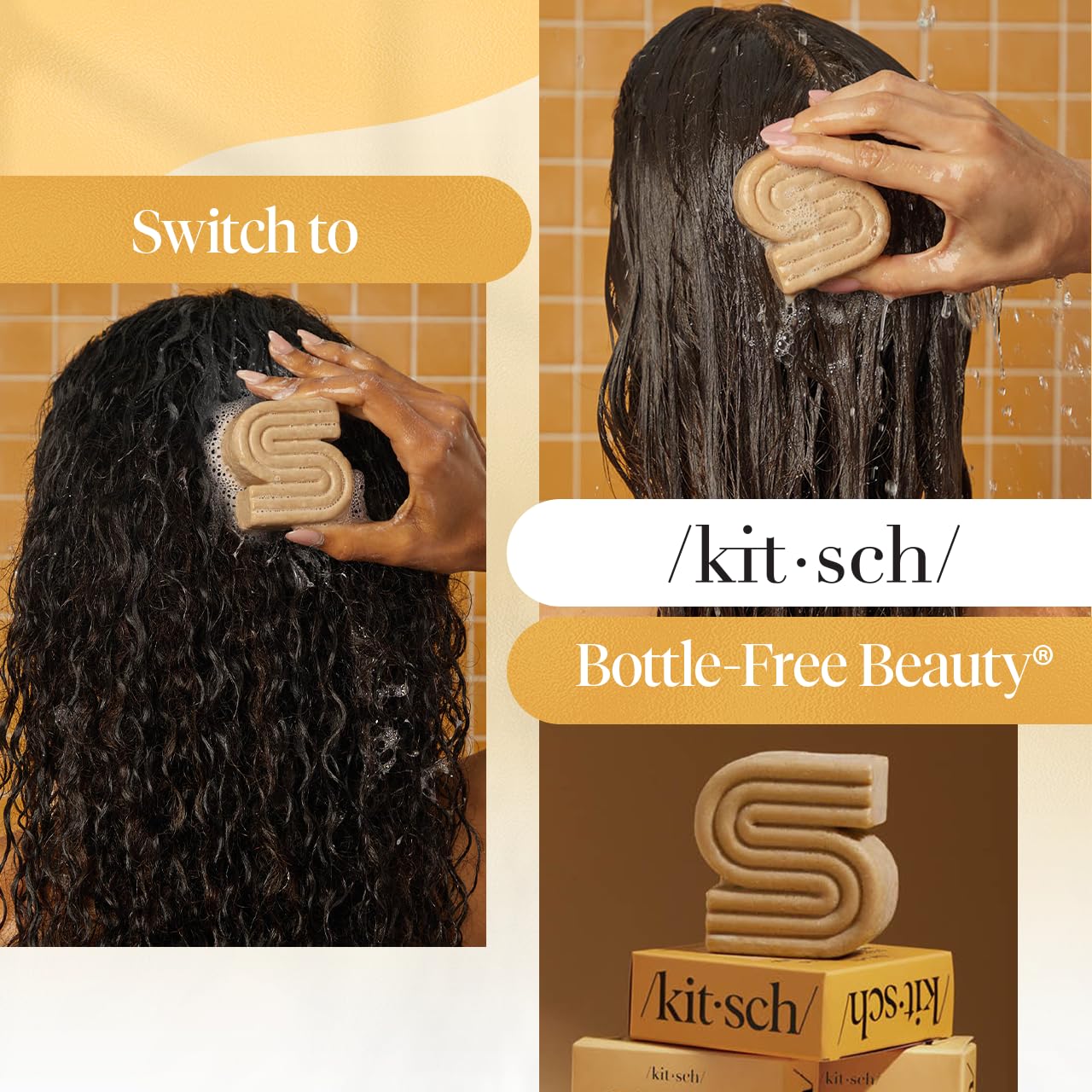 Kitsch shampoo bar curls before and after showing improved definition and manageability