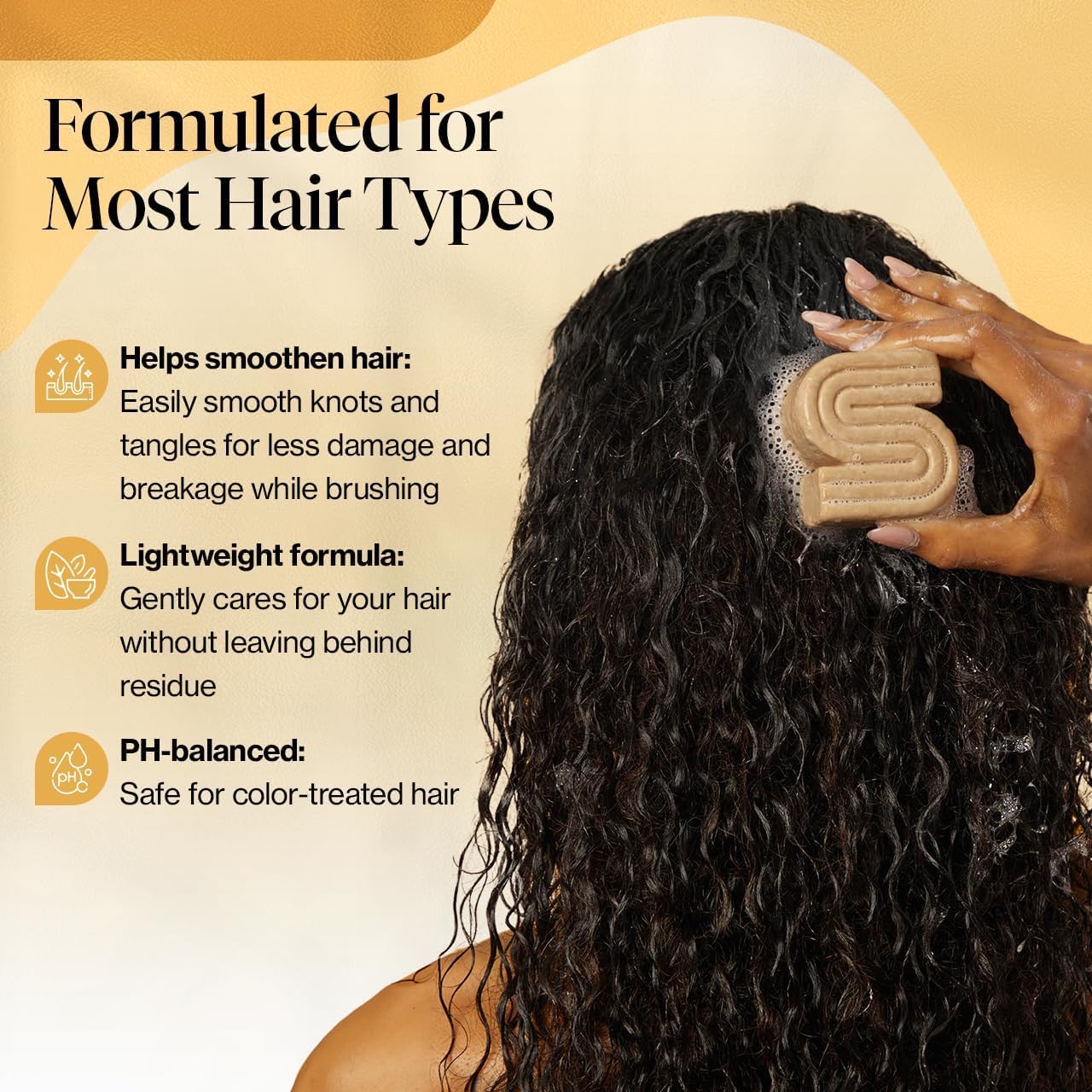 Kitsch shampoo bar pictured with curly hair before and after for improved manageability
