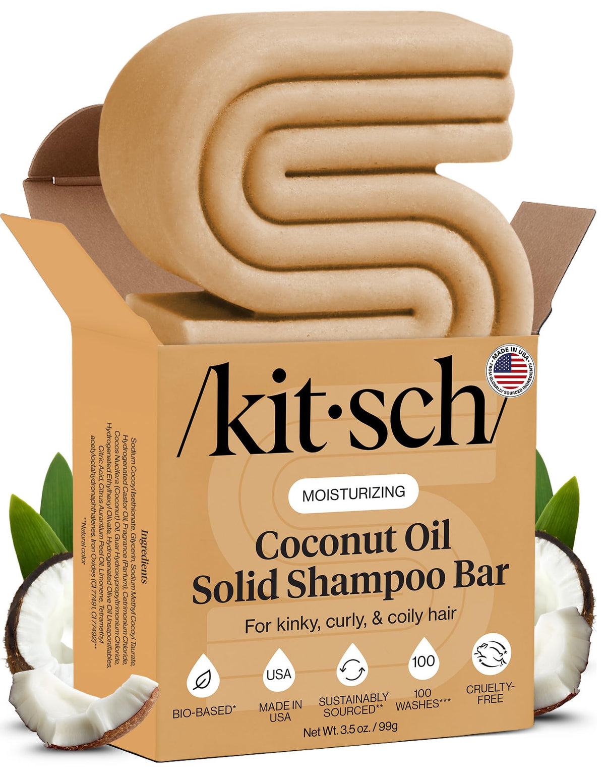 Kitsch shampoo bar front packaging showing product name and size benefit