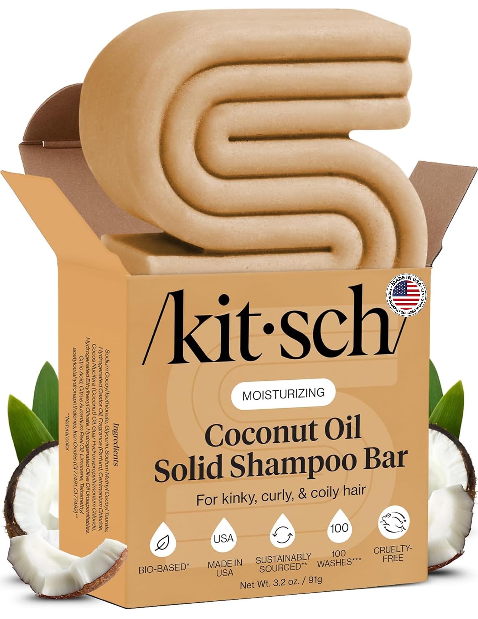 Kitsch shampoo bar front packaging showing compact plastic-free design and eco benefit